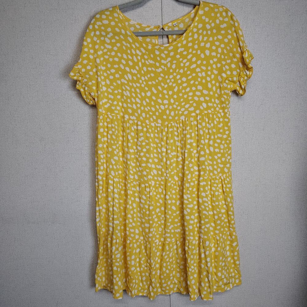 Yellow Tiered Babydoll Dress Womens L Ruffle Sleeve Spotted Cottagecore Boho